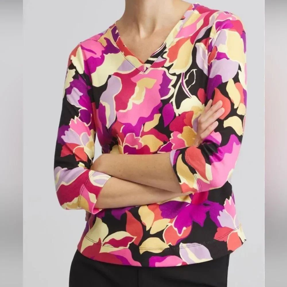 Chico's V-Neck Tunic in Pink, Yellow & Purple Abstract Floral Spring colorful